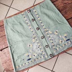 Boho Embroidered Green Mini Skirt with Button Detail Size L